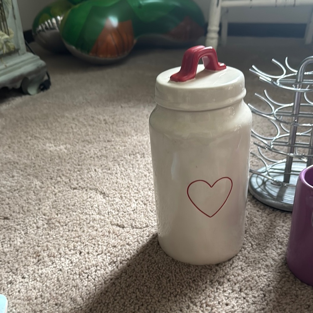 Rae Dunn Cream Jar with Red Heart and Handle